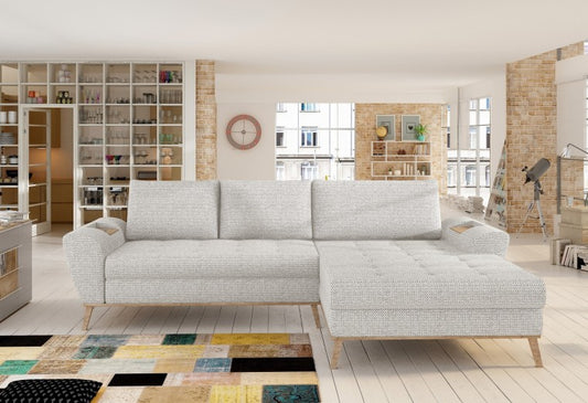 Canapé d'angle extensible avec coffre de rangement, avec bain de soleil à droite, revêtu de tissu Nubo Anthracite, l282xA175xH86 cm