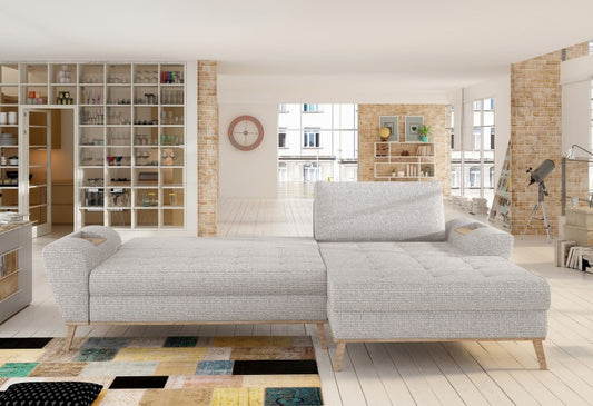 Canapé d'angle extensible avec coffre de rangement, avec bain de soleil à droite, rembourré en tissu Nubo Ivoire, l282xA175xH86 cm