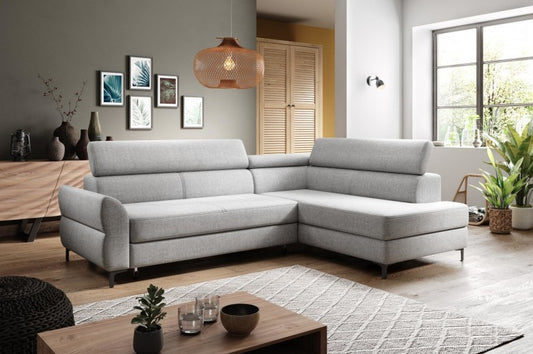 Canapé d'angle extensibile avec coffre de rangement, avec bain de soleil à droite, recouvert de tissu Remo Gris clair, l250xA184xH90 cm