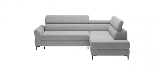 Canapé d'angle extensibile avec coffre de rangement, avec bain de soleil à droite, recouvert de tissu Remo Gris clair, l250xA184xH90 cm