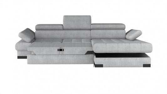 Canapé d'angle extensibile avec coffre de rangement, avec bain de soleil à droite, recouvert de tissu Selva Mini Gris, l270xA173xH75 cm