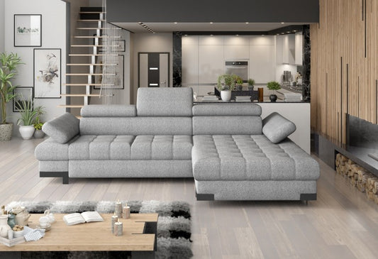 Canapé d'angle extensibile avec coffre de rangement, avec bain de soleil à droite, recouvert de tissu Selva Mini Gris, l270xA173xH75 cm