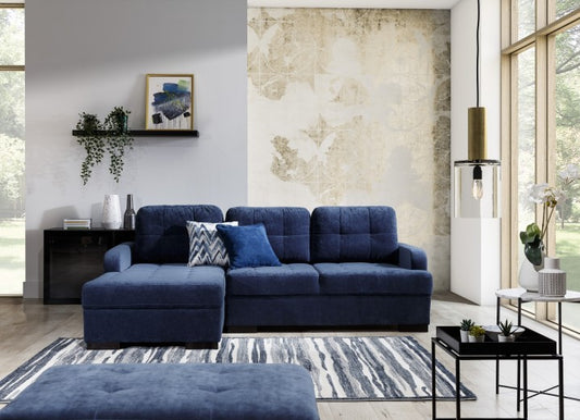 Canapé d'angle extensible avec coffre de rangement, avec bain de soleil à gauche, tapissé de tissu, Catanzaro Bleu marine, l225xA160xH87 cm