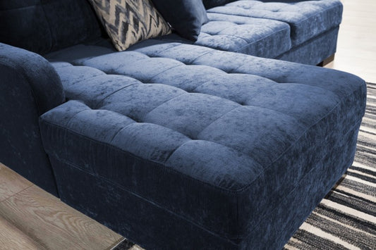Canapé d'angle extensible avec coffre de rangement, avec bain de soleil à gauche, tapissé de tissu, Catanzaro Bleu marine, l225xA160xH87 cm