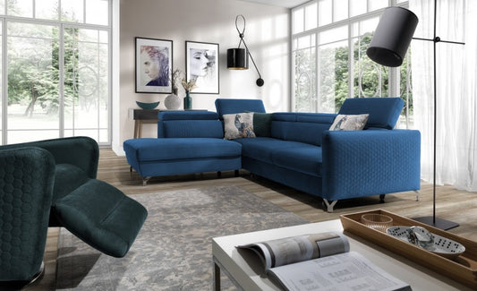 Canapé d'angle extensible avec coffre de rangement, avec bain de soleil à gauche, recouvert de tissu Honey Marozzo Vert, l265xA220xH95 cm
