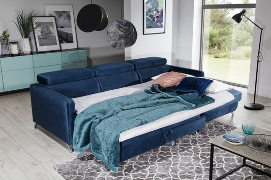 Canapé d'angle extensible avec coffre de rangement, avec bain de soleil à gauche, recouvert de tissu Marozzo Small Bleu marine, l245xA170xH95 cm