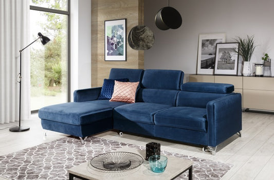Canapé d'angle extensible avec coffre de rangement, avec bain de soleil à gauche, recouvert de tissu Marozzo Small Bleu marine, l245xA170xH95 cm