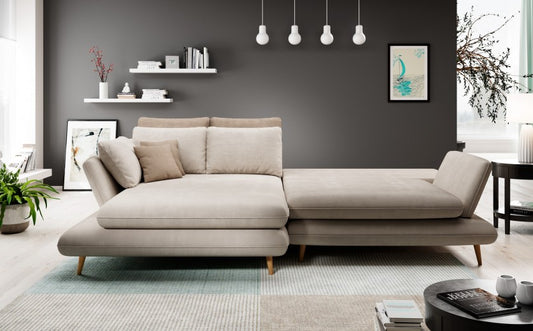 Canapé d'angle extensible avec coffre de rangement, avec bain de soleil à gauche, recouvert de tissu Monte Ivoire, l283xA181xH90 cm