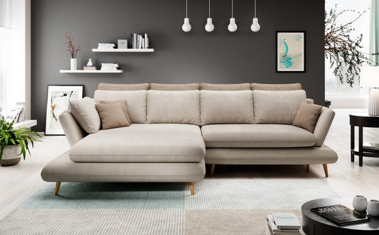 Canapé d'angle extensible avec coffre de rangement, avec bain de soleil à gauche, recouvert de tissu Monte Ivoire, l283xA181xH90 cm