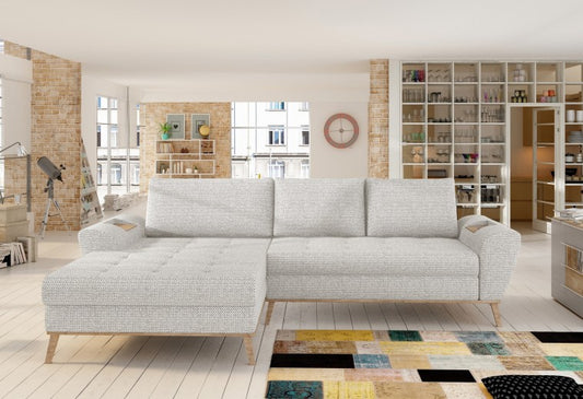 Canapé d'angle extensible avec coffre de rangement, avec bain de soleil à gauche, rembourré en tissu Nubo Ivoire, l282xA175xH86 cm