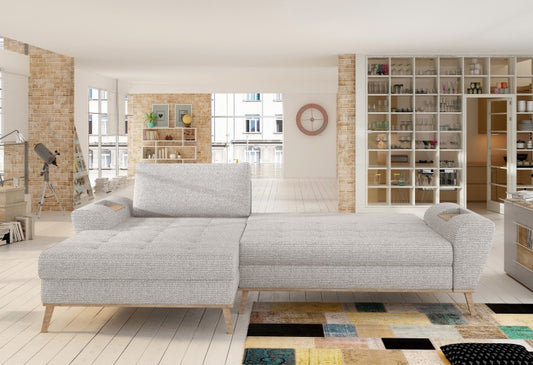 Canapé d'angle extensible avec coffre de rangement, avec bain de soleil à gauche, rembourré en tissu Nubo Ivoire, l282xA175xH86 cm