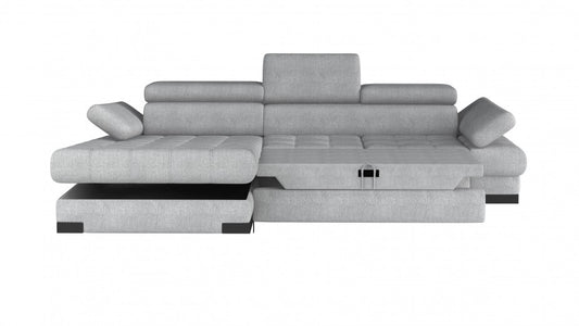 Canapé d'angle extensible avec coffre de rangement, avec bain de soleil à gauche, recouvert de tissu Selva Mini Gris, l270xA173xH75 cm