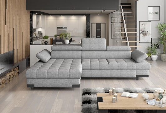 Canapé d'angle extensible avec coffre de rangement, avec bain de soleil à gauche, recouvert de tissu Selva Mini Gris, l270xA173xH75 cm