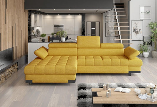 Canapé d'angle extensible avec coffre de rangement, avec lit de bronzage à gauche, recouvert de tissu Selva Mini Moutarde, l270xA173xH75 cm