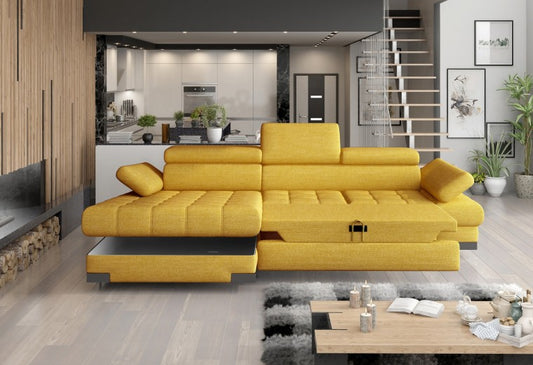 Canapé d'angle extensible avec coffre de rangement, avec lit de bronzage à gauche, recouvert de tissu Selva Mini Moutarde, l270xA173xH75 cm