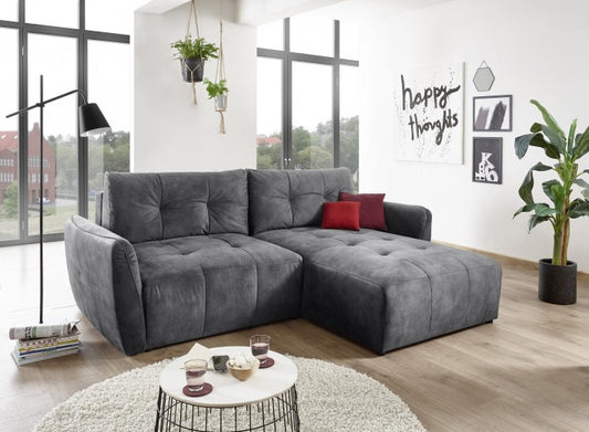Canapé d'angle extensibile avec boîte de rangement, universel (gauche ou droite) recouvert de tissu Daiana Anthracite, l244xA182xH90 cm