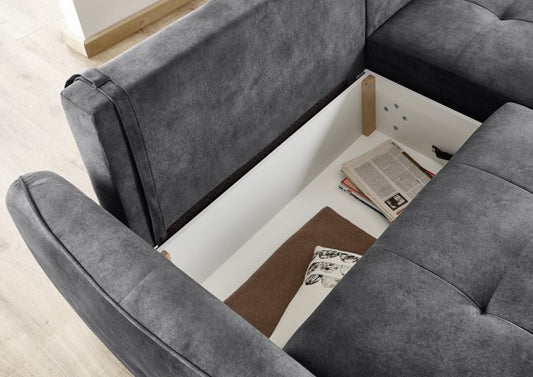 Canapé d'angle extensibile avec boîte de rangement, universel (gauche ou droite) recouvert de tissu Daiana Anthracite, l244xA182xH90 cm