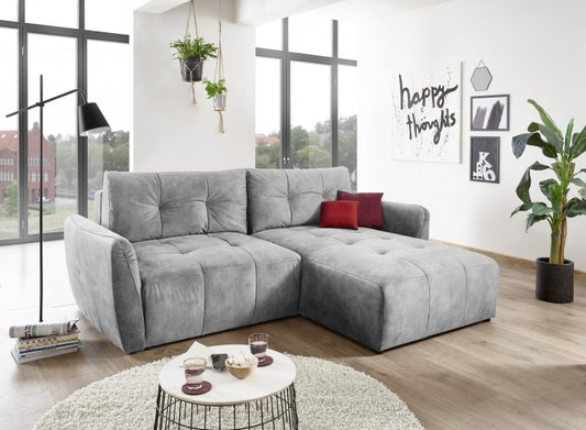 Canapé d'angle extensibile avec boîte de rangement, universel (gauche ou droite) recouvert de tissu Daiana Gris, l244xA182xH90 cm