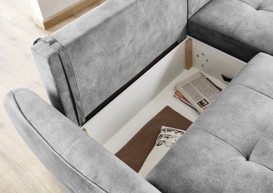 Canapé d'angle extensibile avec boîte de rangement, universel (gauche ou droite) recouvert de tissu Daiana Gris, l244xA182xH90 cm