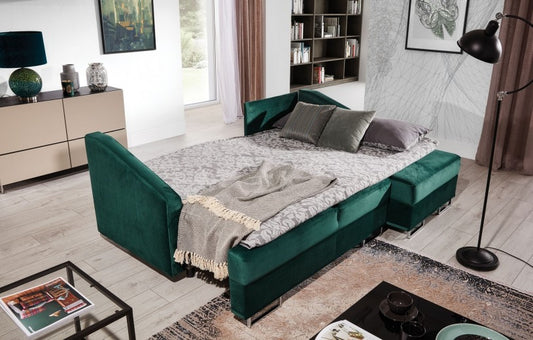 Canapé d'angle extensibile avec bain de soleil à droite, recouvert de tissu, Bucco, Vert, l225xA160xH76 cm