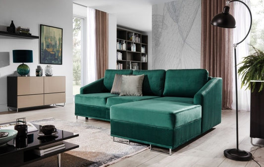 Canapé d'angle extensibile avec bain de soleil à droite, recouvert de tissu, Bucco, Vert, l225xA160xH76 cm