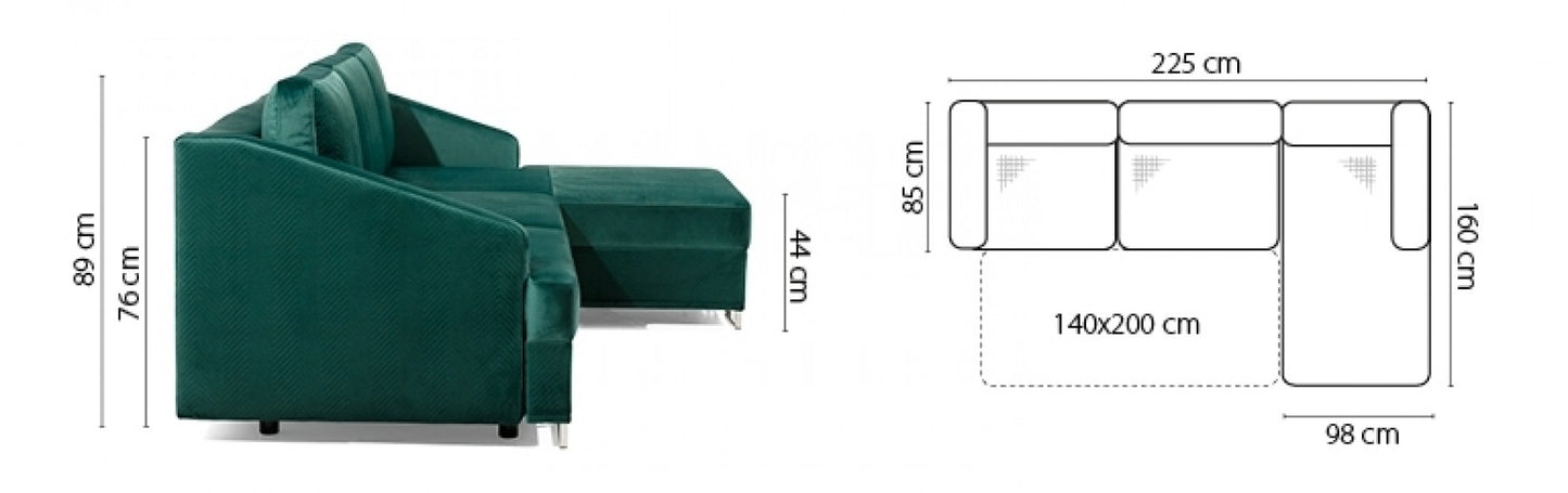 Canapé d'angle extensibile avec bain de soleil à gauche, recouvert de tissu, Bucco Vert, l225xA160xH76 cm