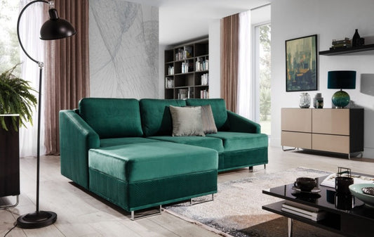 Canapé d'angle extensibile avec bain de soleil à gauche, recouvert de tissu, Bucco Vert, l225xA160xH76 cm