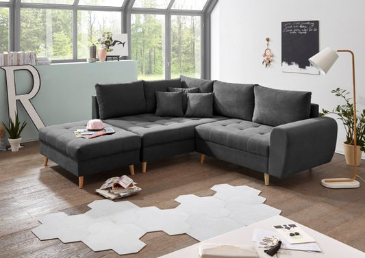 Canapé d'angle fixe avec bain de soleil à gauche et tabouret inclus, recouvert de tissu, Alison Anthracite, l249xA175xH94 cm