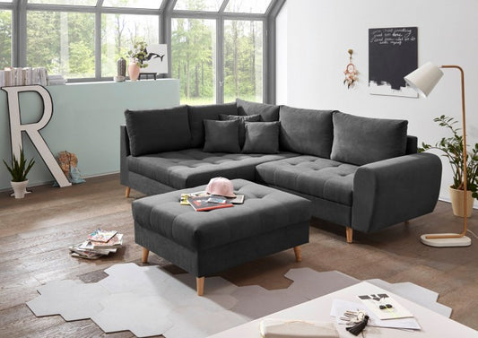Canapé d'angle fixe avec bain de soleil à gauche et tabouret inclus, recouvert de tissu, Alison Anthracite, l249xA175xH94 cm
