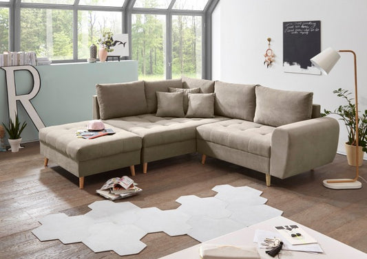 Canapé d'angle fixe avec bain de soleil à gauche et tabouret inclus, recouvert de tissu, Alison Beige, l249xA175xH94 cm