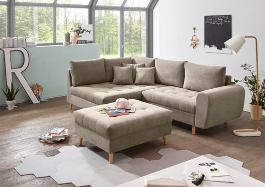 Canapé d'angle fixe avec bain de soleil à gauche et tabouret inclus, recouvert de tissu, Alison Beige, l249xA175xH94 cm