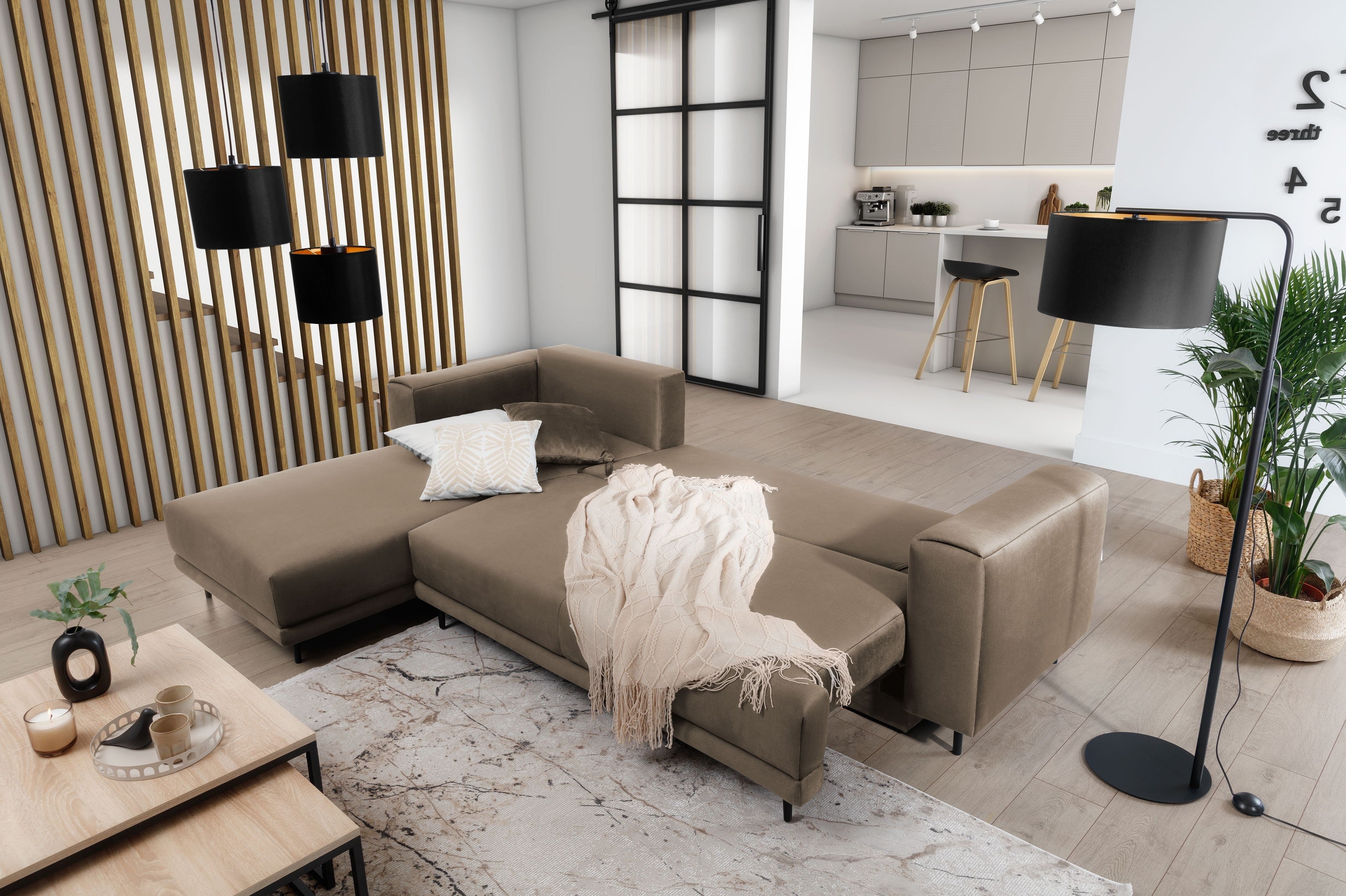 Coltar Extensibil Dalis Plus Maro Deschis cu Lada de Depozitare, Sezlong pe Dreapta, l289xA190xH73-95 cm (1)