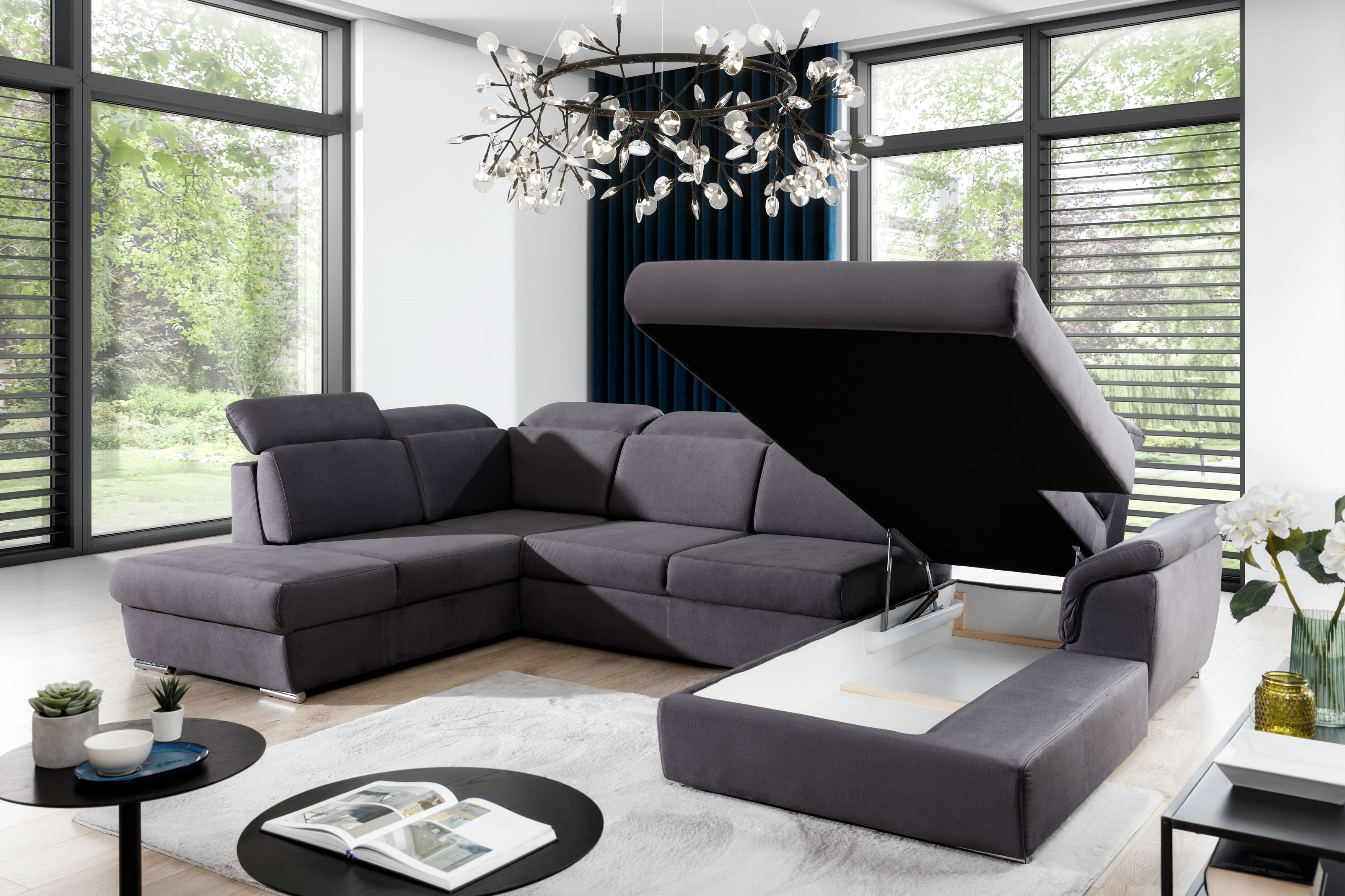 Coltar Extensibil Evon cu Lada de Depozitare, Sezlong pe Dreapta, Tetiere Reglabile, l330xA216xH82-102 cm (4)