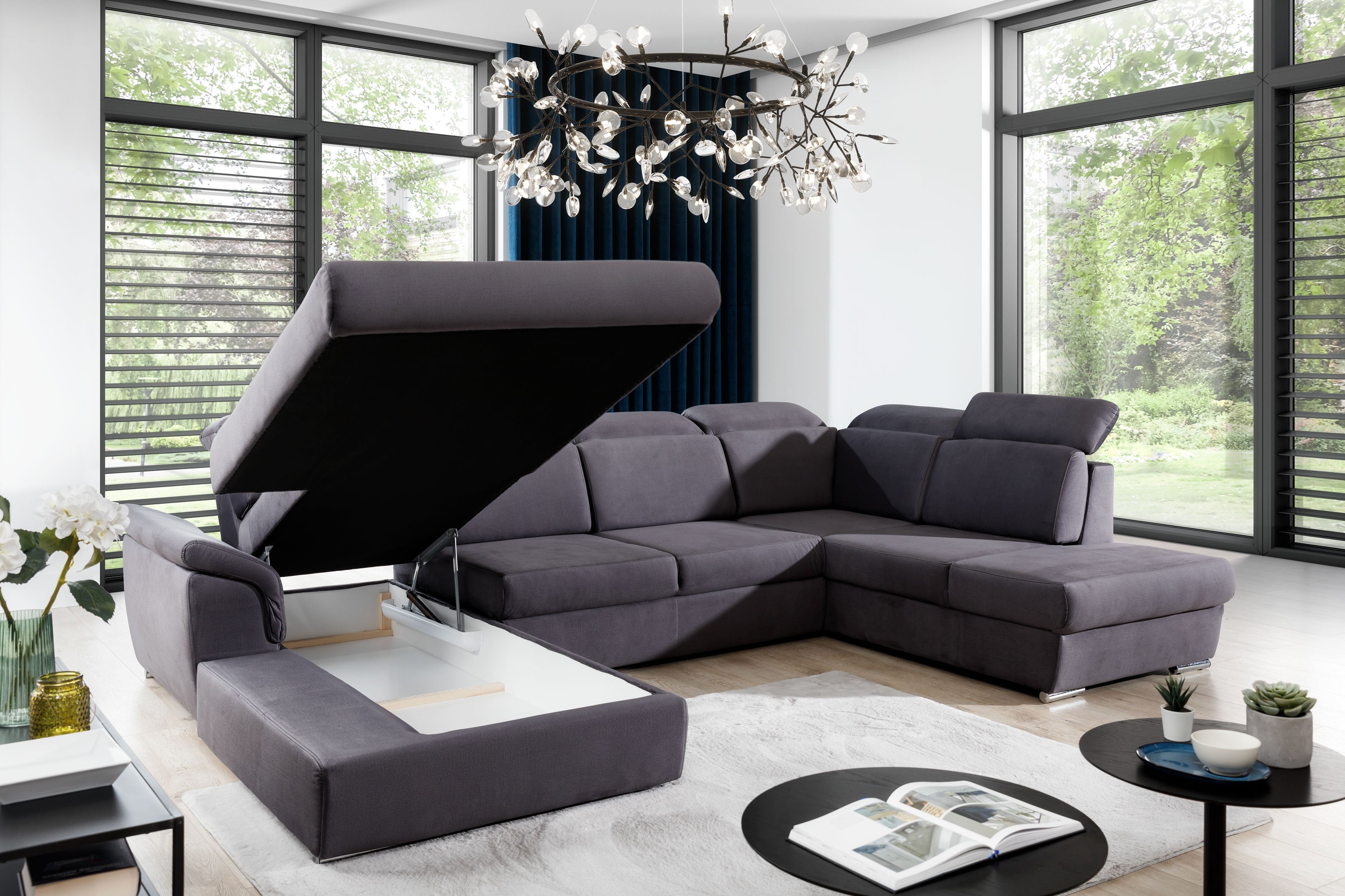 Coltar Extensibil Evon cu Lada de Depozitare, Sezlong pe Stanga, Tetiere Reglabile, l330xA216xH82-102 cm (4)