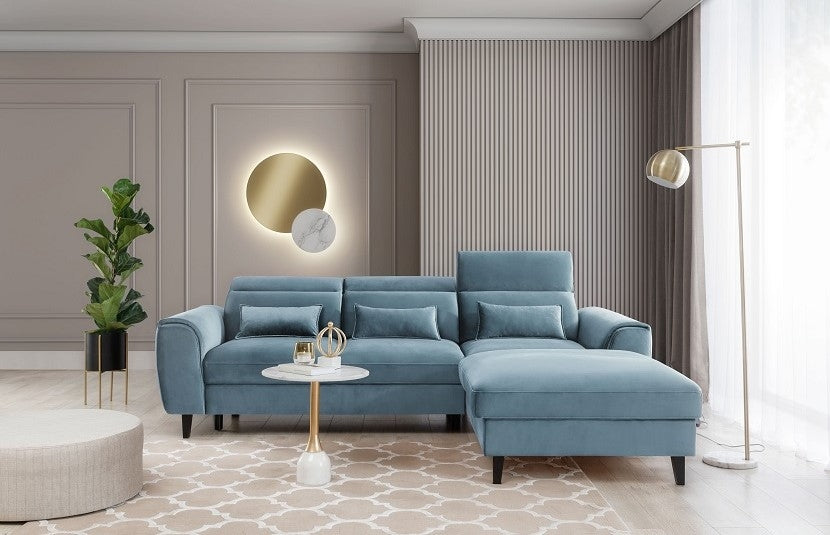 Coltar Extensibil Fobleros Plus Velvet Bleu cu Lada de Depozitare, Sezlong pe Dreapta, Tetiere Reglabile, l267xA196xH83-100 cm (7)