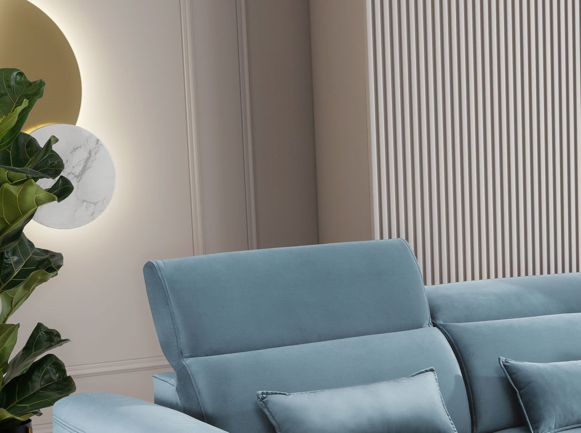 Coltar Extensibil Fobleros Plus Velvet Bleu cu Lada de Depozitare, Sezlong pe Dreapta, Tetiere Reglabile, l267xA196xH83-100 cm (5)