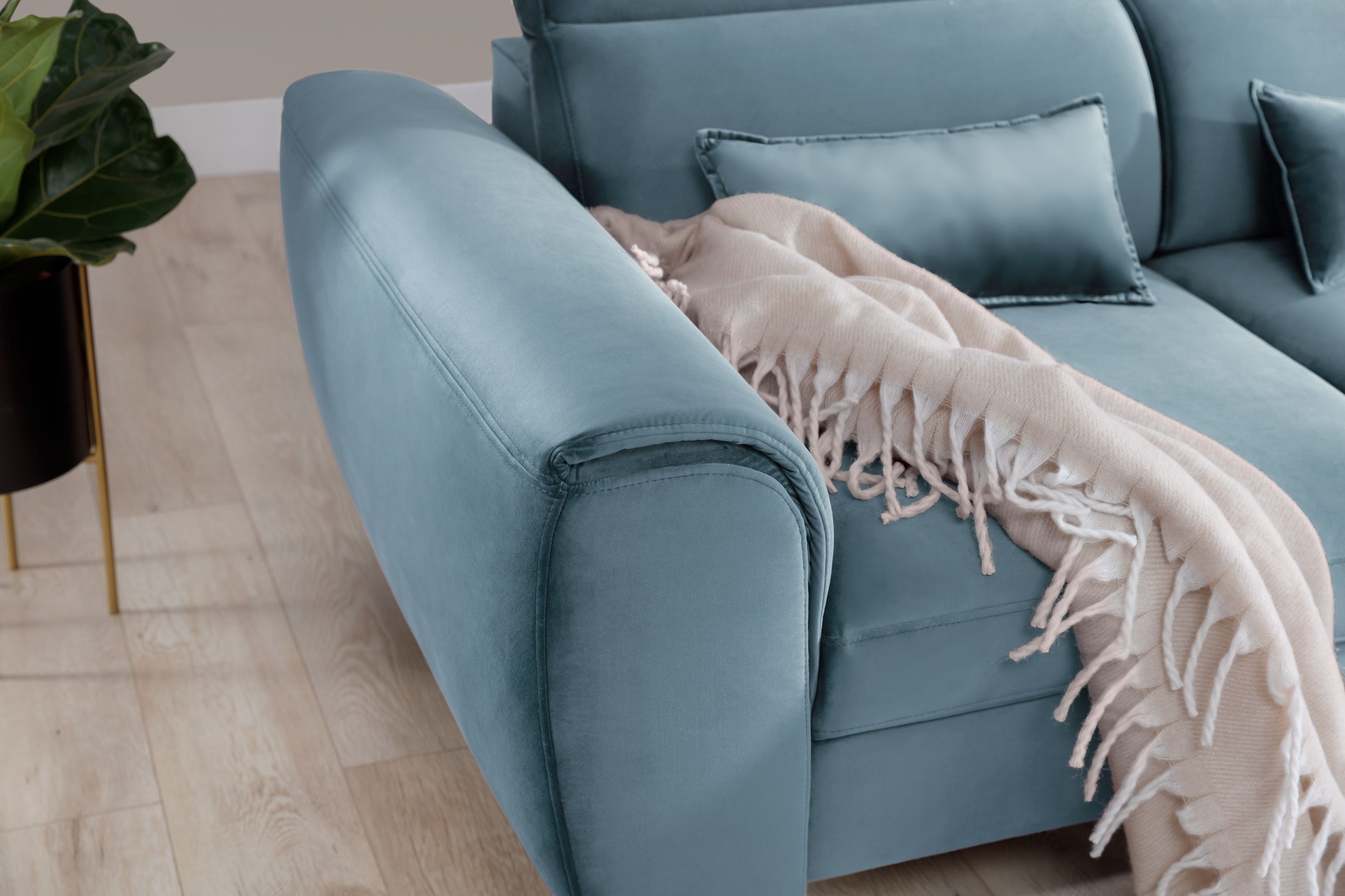 Coltar Extensibil Fobleros Plus Velvet Bleu cu Lada de Depozitare, Sezlong pe Dreapta, Tetiere Reglabile, l267xA196xH83-100 cm (4)