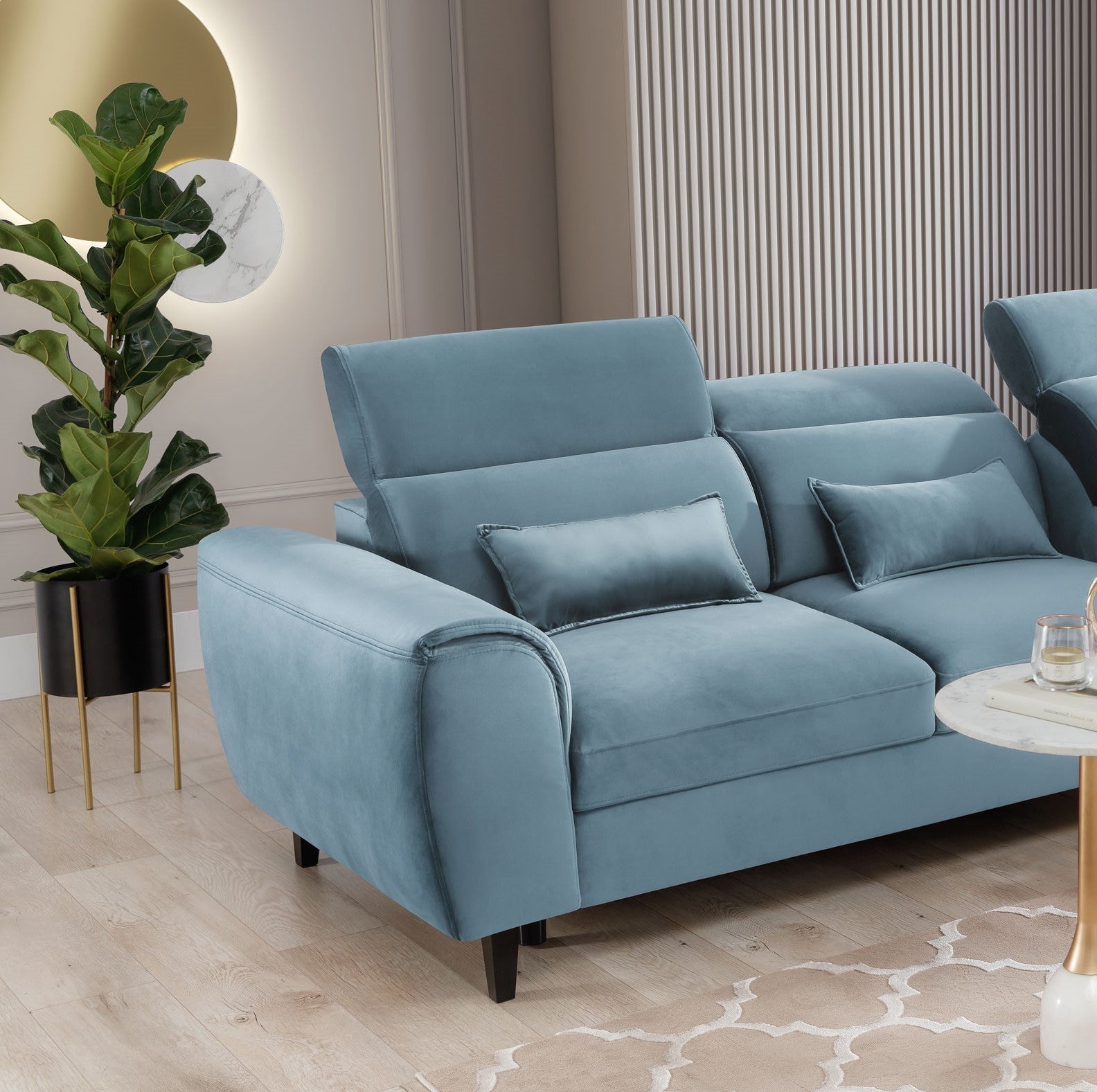 Coltar Extensibil Fobleros Plus Velvet Bleu cu Lada de Depozitare, Sezlong pe Dreapta, Tetiere Reglabile, l267xA196xH83-100 cm (3)