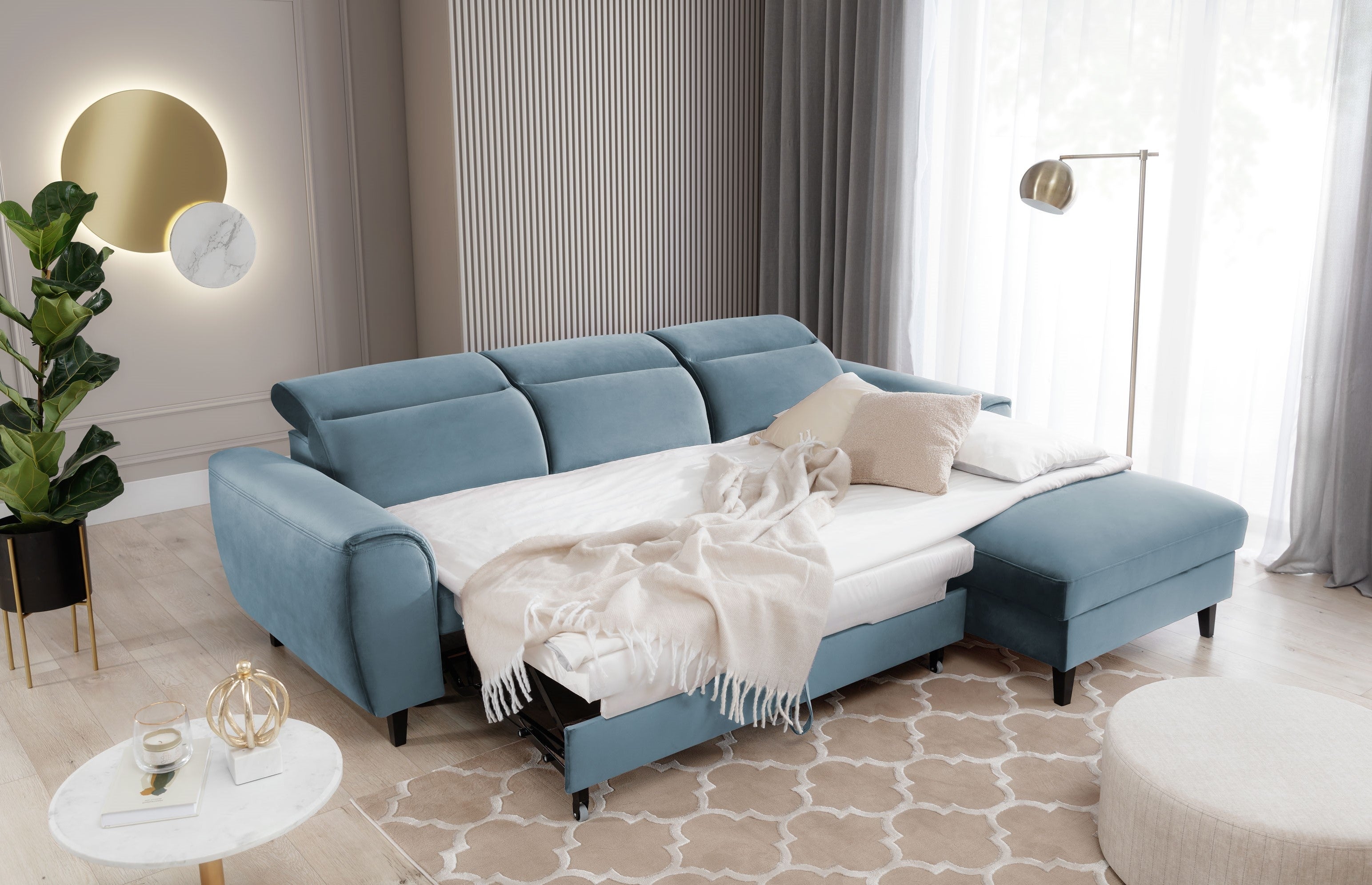 Coltar Extensibil Fobleros Plus Velvet Bleu cu Lada de Depozitare, Sezlong pe Dreapta, Tetiere Reglabile, l267xA196xH83-100 cm (2)