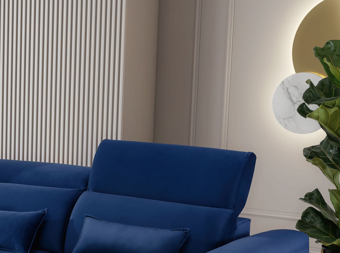 Coltar Extensibil Fobleros Plus Velvet Bleumarin cu Lada de Depozitare, Sezlong pe Stanga, Tetiere Reglabile, l267xA196xH83-100 cm (6)