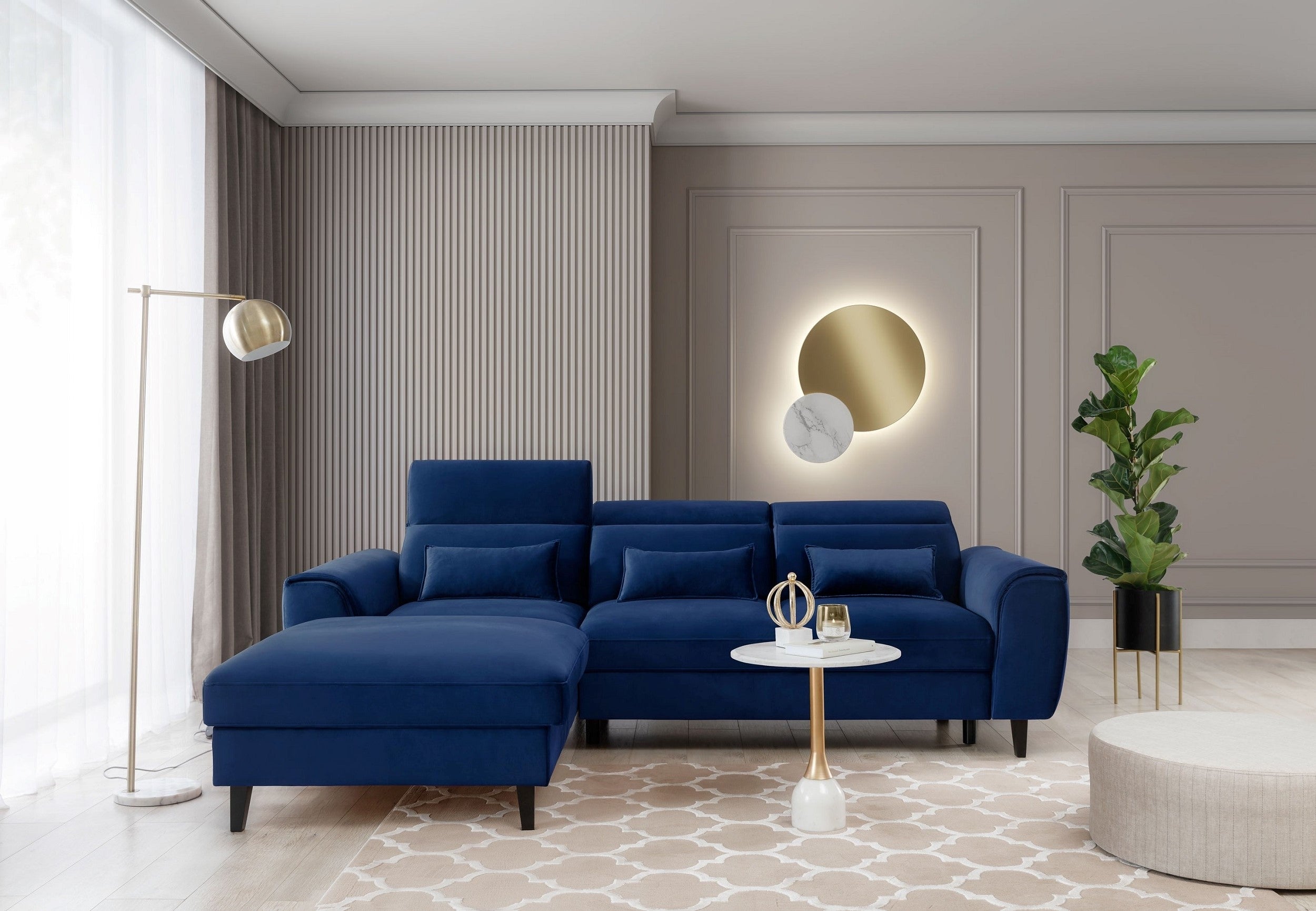 Coltar Extensibil Fobleros Plus Velvet Bleumarin cu Lada de Depozitare, Sezlong pe Stanga, Tetiere Reglabile, l267xA196xH83-100 cm (3)