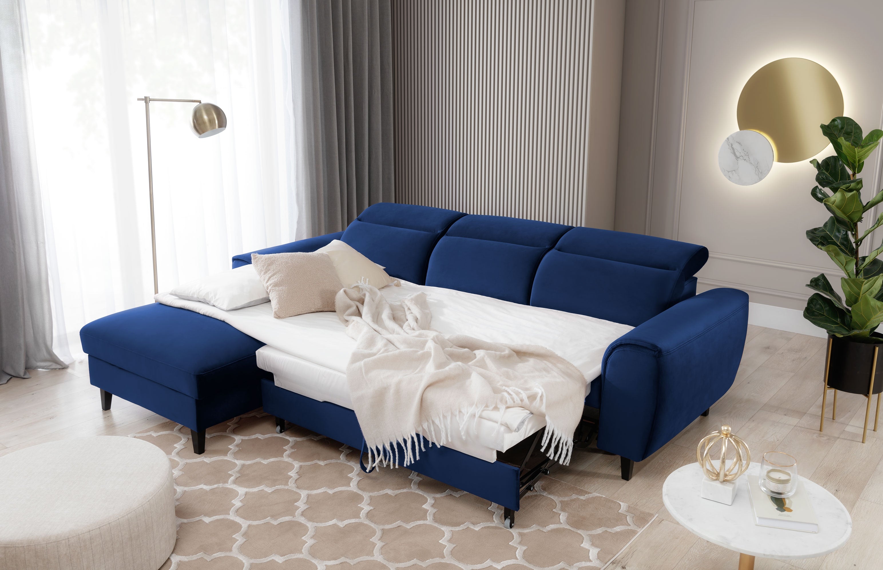 Coltar Extensibil Fobleros Plus Velvet Bleumarin cu Lada de Depozitare, Sezlong pe Stanga, Tetiere Reglabile, l267xA196xH83-100 cm (2)