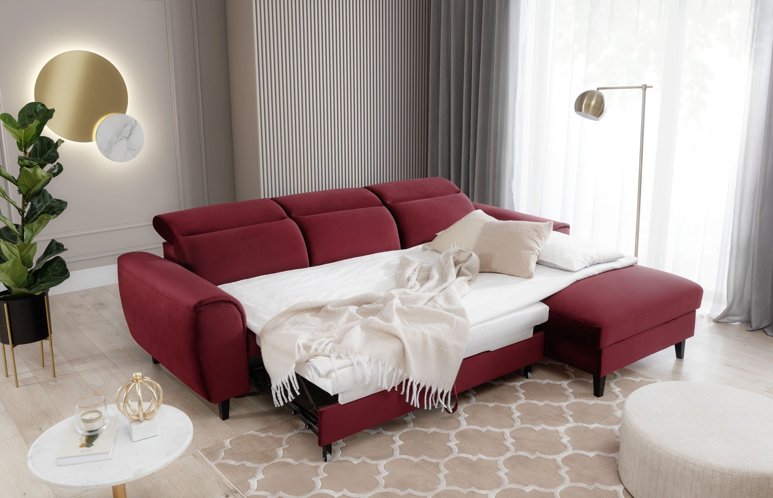 Coltar Extensibil Fobleros Plus Bordeaux cu Lada de Depozitare, Sezlong pe Dreapta, Tetiere Reglabile, l267xA196xH83-100 cm (2)