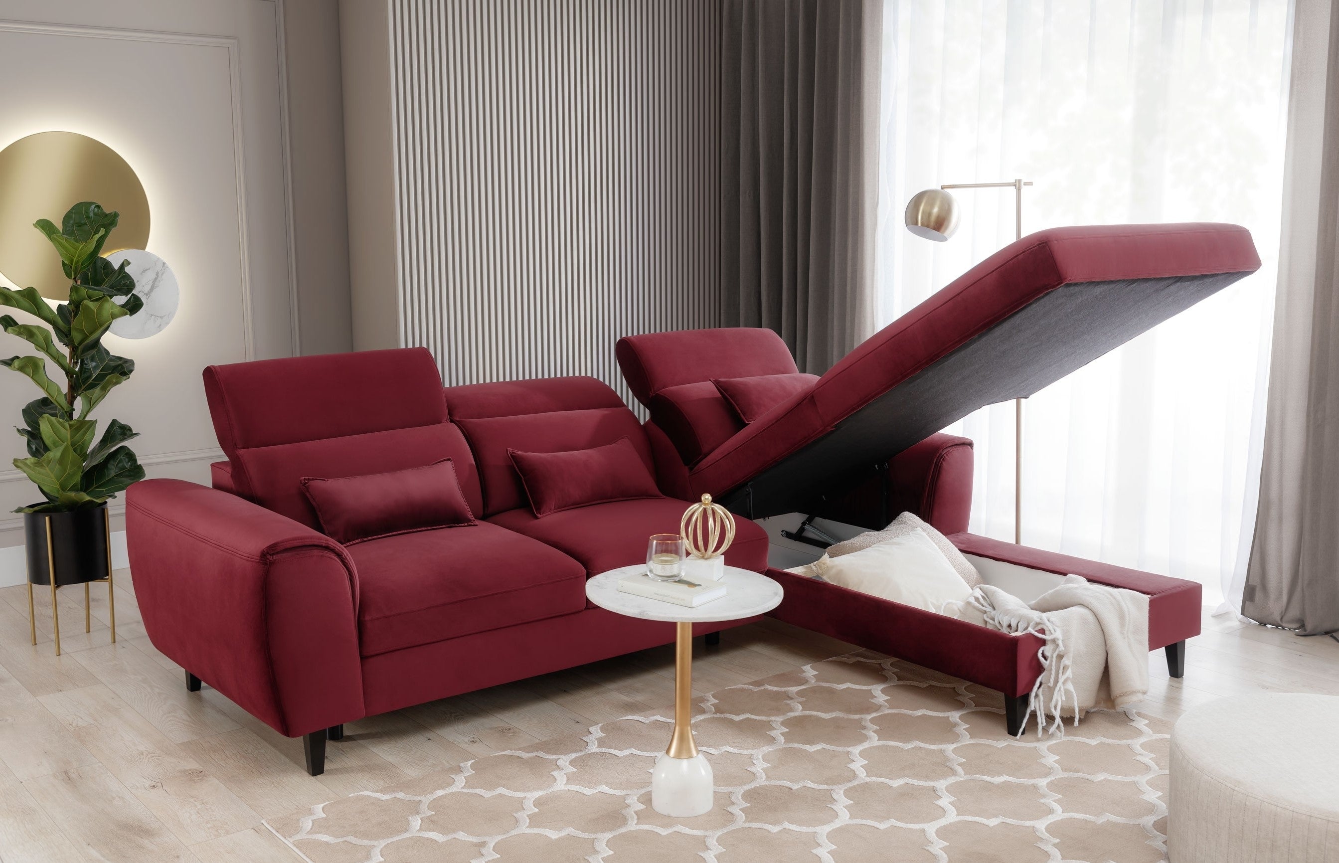 Coltar Extensibil Fobleros Plus Bordeaux cu Lada de Depozitare, Sezlong pe Dreapta, Tetiere Reglabile, l267xA196xH83-100 cm (1)