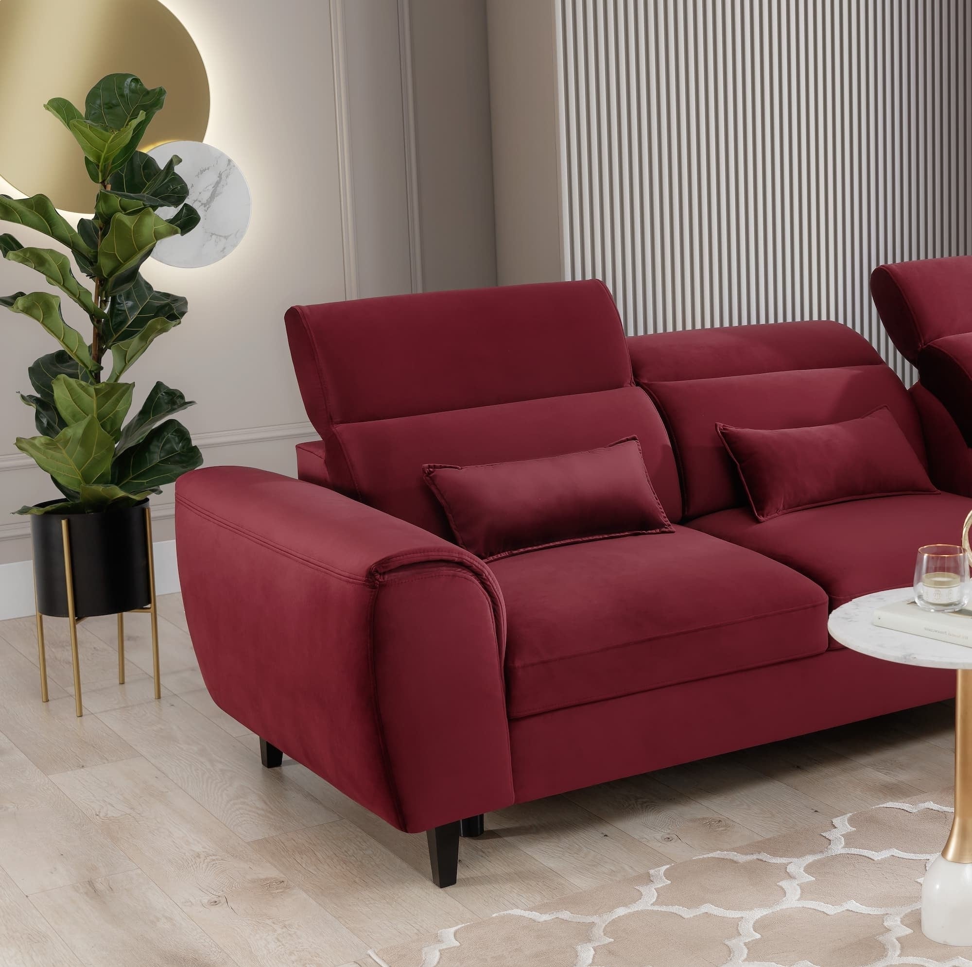 Coltar Extensibil Fobleros Plus Bordeaux cu Lada de Depozitare, Sezlong pe Dreapta, Tetiere Reglabile, l267xA196xH83-100 cm (4)