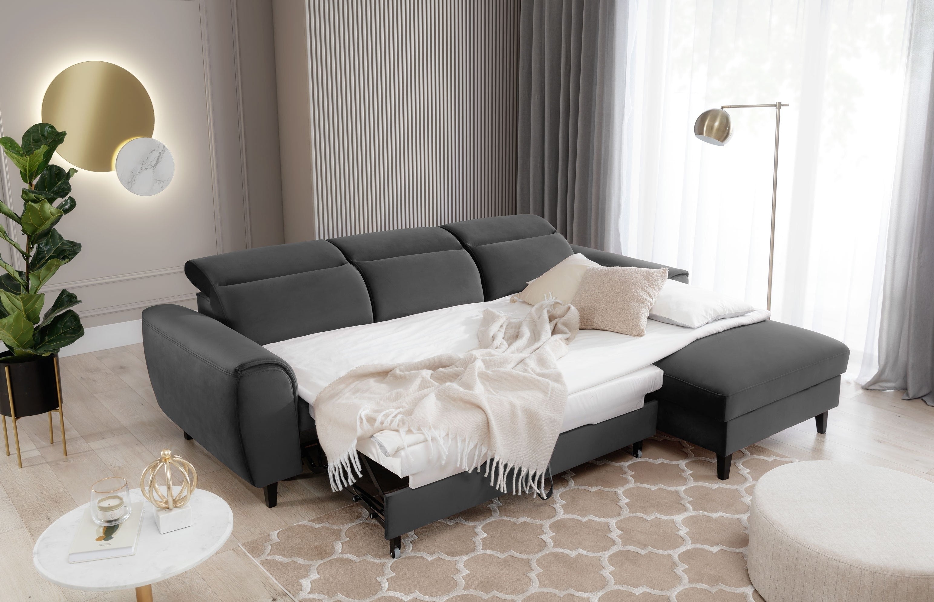 Coltar Extensibil Fobleros Plus Gri Inchis cu Lada de Depozitare, Sezlong pe Dreapta, Tetiere Reglabile, l267xA196xH83-100 cm (2)