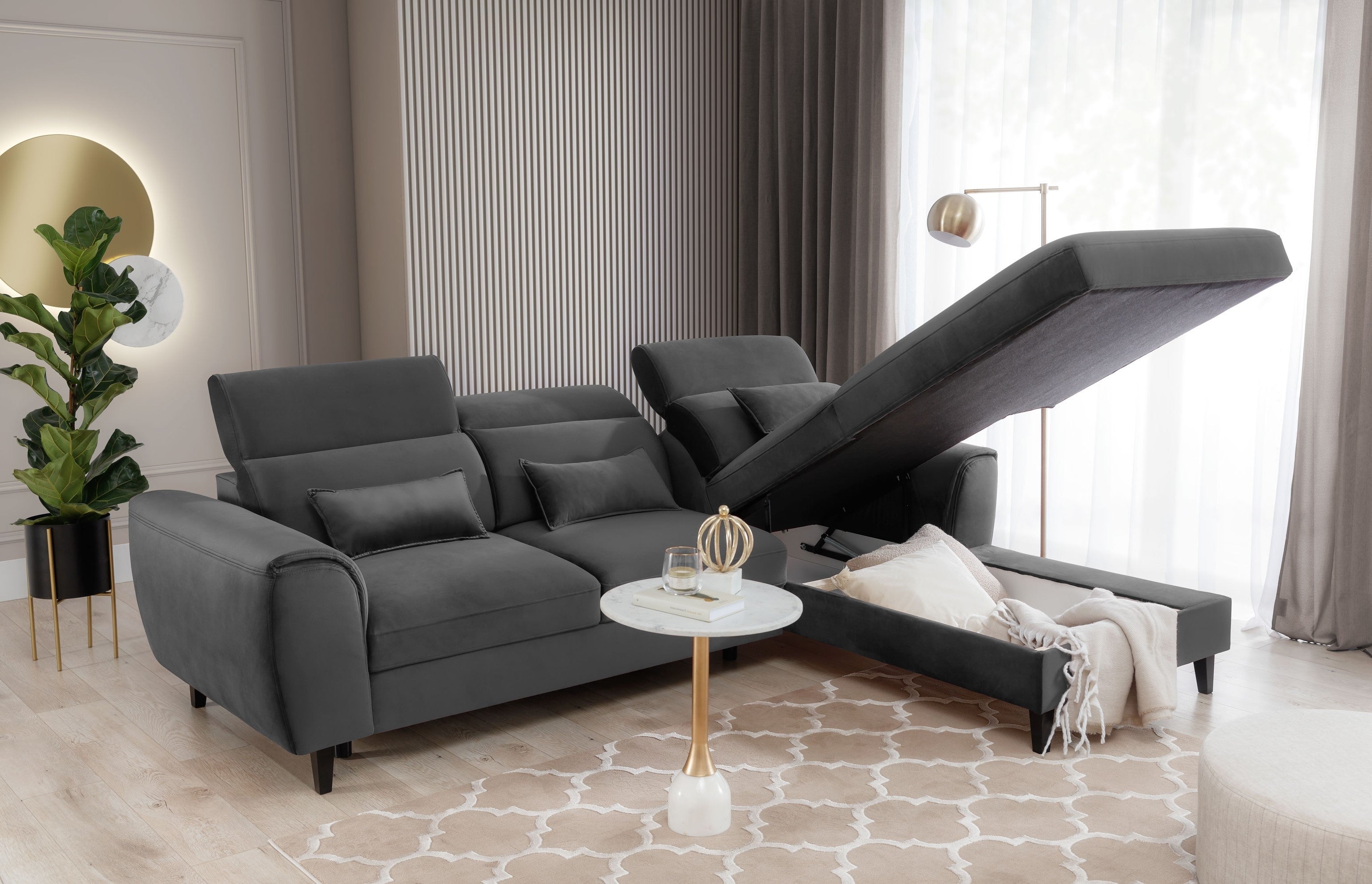 Coltar Extensibil Fobleros Plus Gri Inchis cu Lada de Depozitare, Sezlong pe Dreapta, Tetiere Reglabile, l267xA196xH83-100 cm (1)