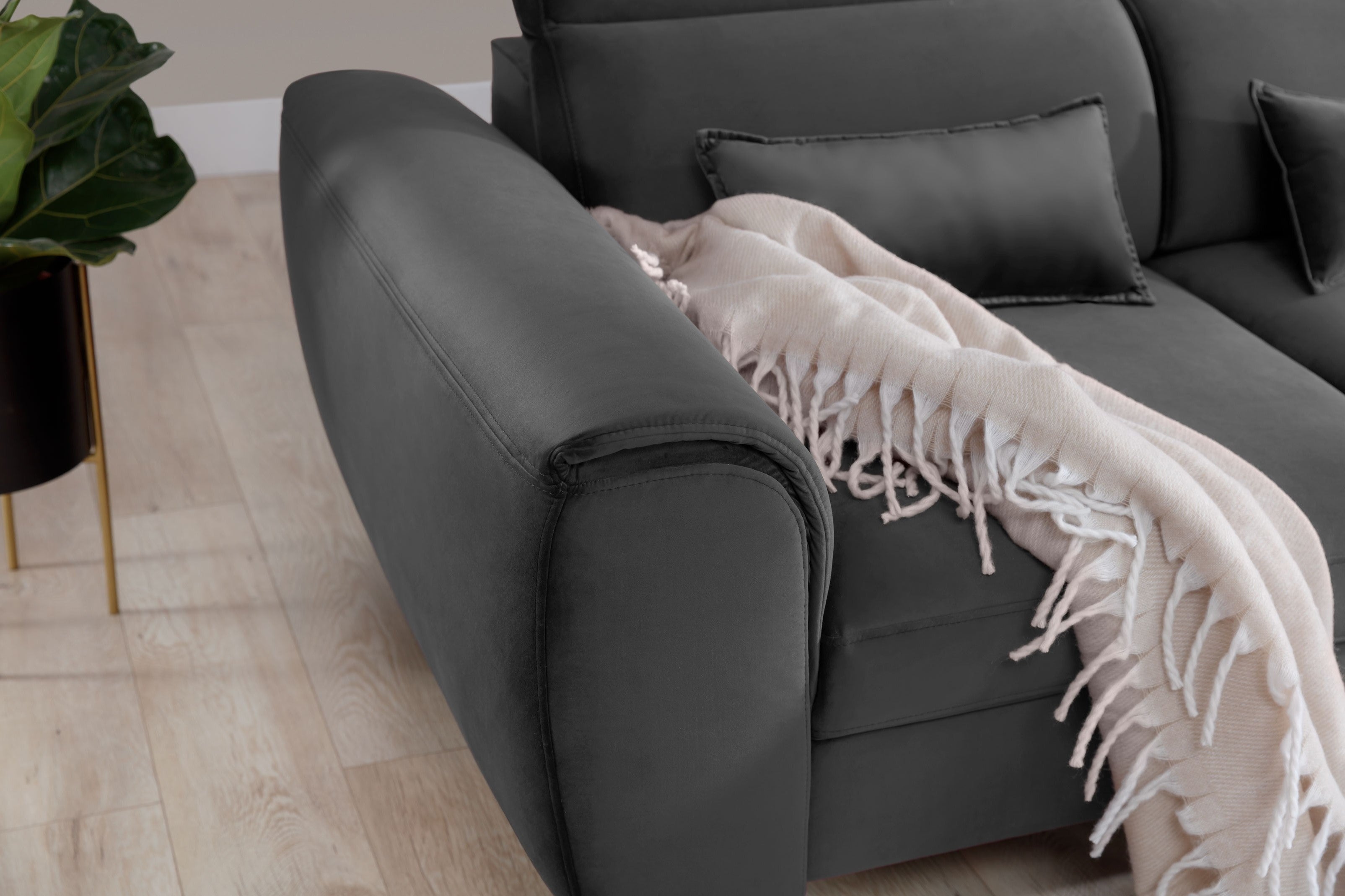 Coltar Extensibil Fobleros Plus Gri Inchis cu Lada de Depozitare, Sezlong pe Dreapta, Tetiere Reglabile, l267xA196xH83-100 cm (5)