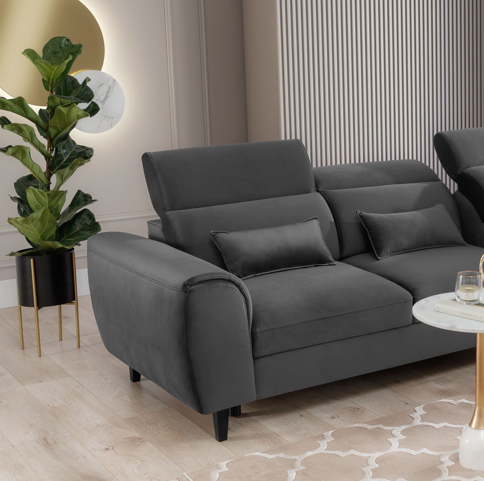 Coltar Extensibil Fobleros Plus Gri Inchis cu Lada de Depozitare, Sezlong pe Dreapta, Tetiere Reglabile, l267xA196xH83-100 cm (4)