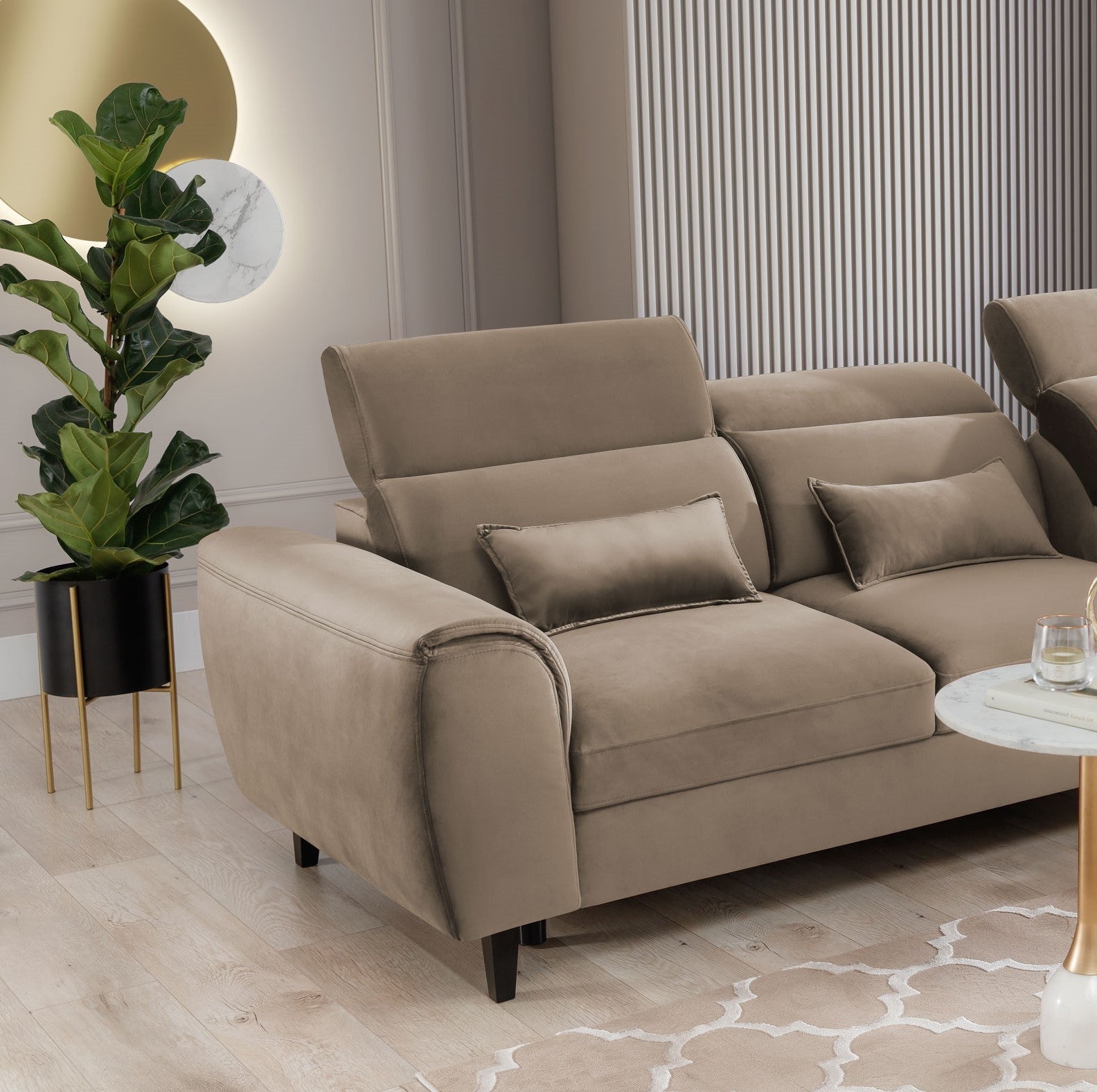 Coltar Extensibil Fobleros Plus Maro Deschis cu Lada de Depozitare, Sezlong pe Dreapta, Tetiere Reglabile, l267xA196xH83-100 cm (3)